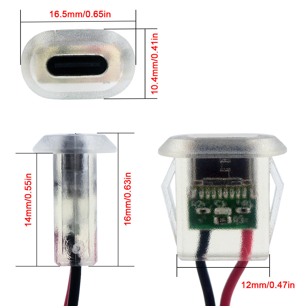 LED USB-C Power Port TYPE-C Female Connector Jack - Water proof
