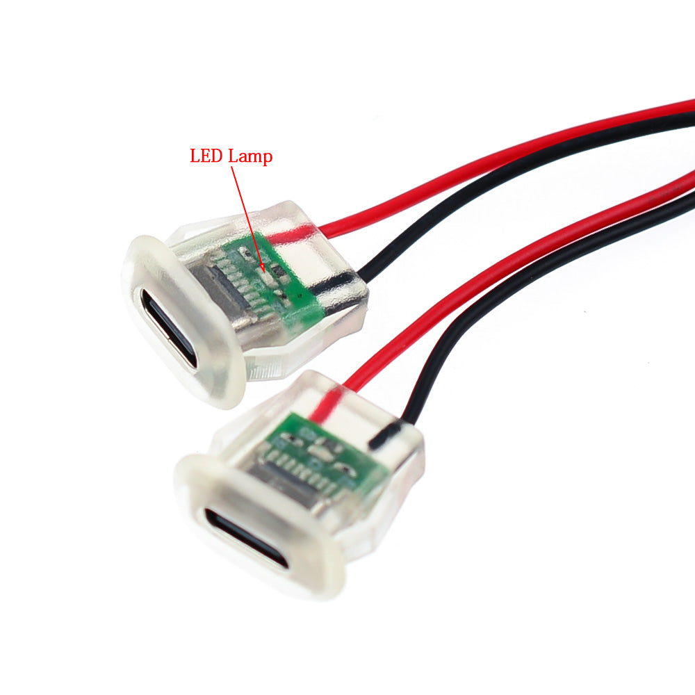 LED USB-C Power Port TYPE-C Female Connector Jack - Water proof