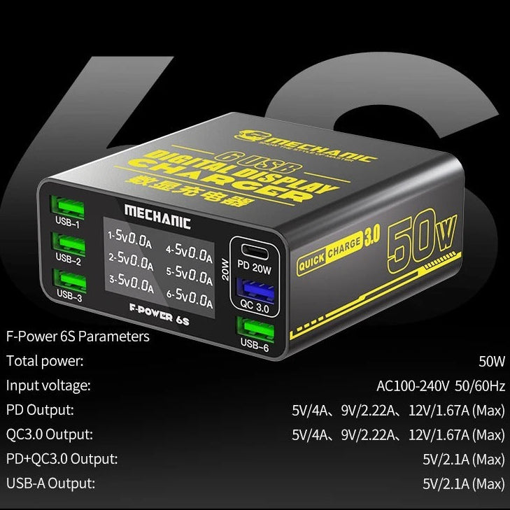 MECHANIC F-Power 6-Port Smart Digital Display Fast Charger for Phones, Tablets & Multiple Devices