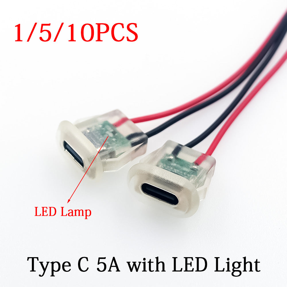 LED USB-C Power Port TYPE-C Female Connector Jack - Water proof
